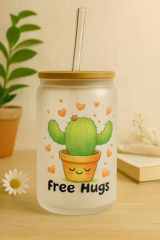 16OZ GLASS CAN FREE HUGS